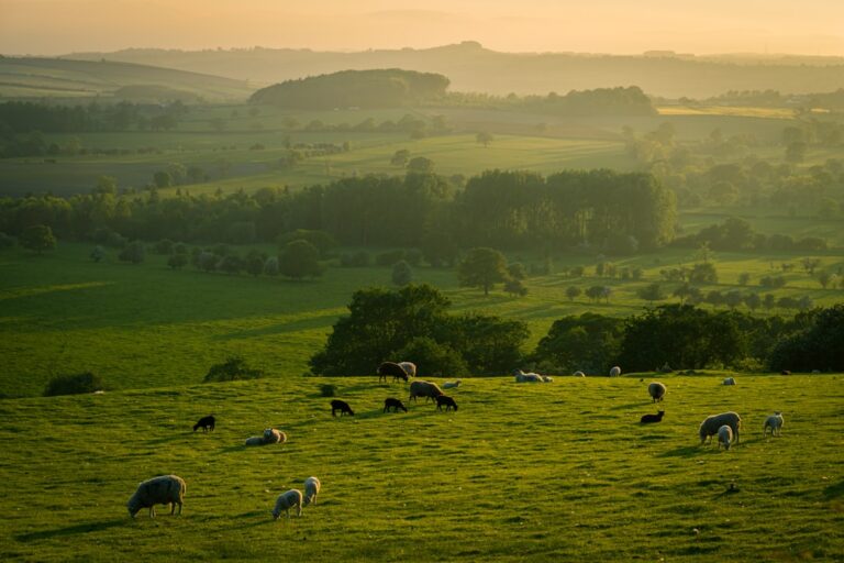 Boi nelore em pasto brasileiro ao entardecer, com boiada ao fundo e espaço no horizonte para texto